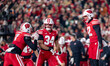 Wisconsin Badgers outside linebacker Tyreese Fearbry (7), safety Charlie Jarvis (34), and...
