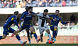 Patrick Cutrone of Parma Calcio 1913 plays against four players during the Serie A footbal...