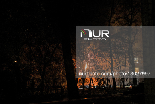 A fire rages in a residential building that is hit by a Russian drone in Zaporizhzhia, Ukraine, on November 25, 2025. On Tuesday evening, No... by Dmytro Smolienko/Ukrinform/NurPhoto