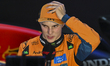McLaren driver Oscar Piastri of Australia celebrates on arrival in parc ferme during the F...