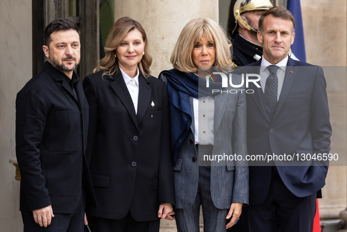 President Macron Welcomes President Zelensky And His Wife Zelenska In Paris.