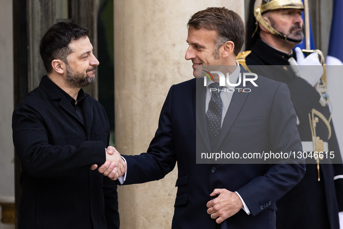 President Macron Welcomes President Zelensky And His Wife Zelenska In Paris.