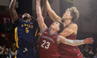 Josiah Harris (5) of the La Salle Explorers and Ethan Roberts (23) of the Penn Quakers fig...