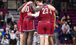 The Penn Quakers huddle during an NCAA men's basketball game at The Palestra in Philadelph...