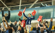 In Toronto, Ontario, Canada, on December 1, 2025, young fans cheer for their team during t...