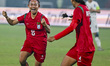 Bangladesh's Maria Manda (L) celebrates after scoring a goal during the tri-nation Women's...