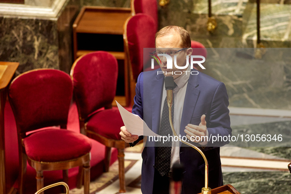Droite Republicaine's MP and rapporteur for the Committee on Social Affairs, Thibault Bazin, speaks during a session devoted to the second r... by Adnan Farzat/NurPhoto