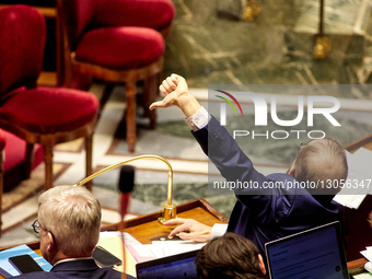 Droite Republicaine's MP and rapporteur for the Committee on Social Affairs, Thibault Bazin, gestures a thumbs down during a session devoted... by Adnan Farzat/NurPhoto