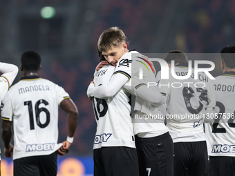 Adrian Benedyczak of Parma Calcio 1913 celebrates after scoring a goal during the Coppa Italia football match between Bologna FC 1909 and Pa... by Emanuele Comincini/NurPhoto