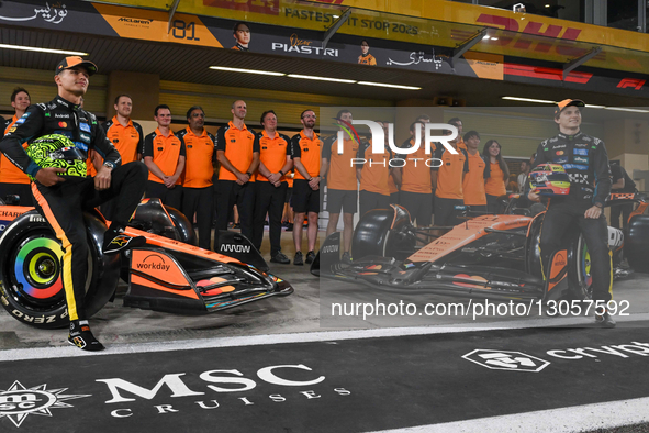 Lando Norris and Oscar Piastri of the McLaren Formula 1 Team participate in Media Day on Yas Island, Abu Dhabi, on December 4, 2025.  by Ahmad AlShehab/NurPhoto
