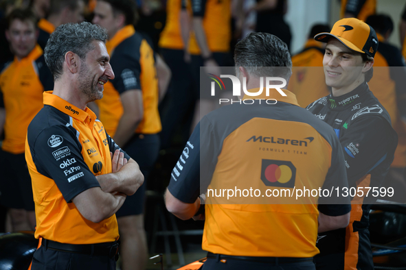 Andrea Stella, Zak Brown, and Oscar Piastri of the McLaren Formula 1 Team participate in Media Day on December 4, 2025, in Yas Island, Abu D...