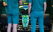 A general view of the Aston Martin Aramco F1 Team's garage during previews ahead of the F1...