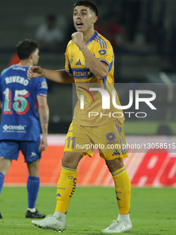 Juan Brunetta #11 of Club Tigres celebrates after scoring a goal during the first leg semifinal match of Liga MX between Club Tigres and Cru... by Eyepix/NurPhoto