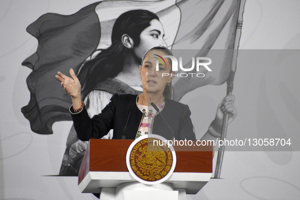 The President of Mexico, Claudia Sheinbaum Pardo, speaks about the progress report on the national railway project during a press conference... by Eyepix/NurPhoto