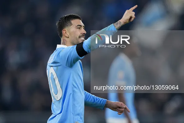 In Rome, Italy, on December 4, 2025, Mattia Zaccagni of S.S. Lazio celebrates after scoring a goal during the Coppa Italia round of 16 match...