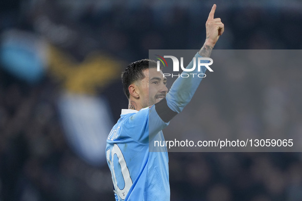 In Rome, Italy, on December 4, 2025, Mattia Zaccagni of S.S. Lazio celebrates after scoring a goal during the Coppa Italia round of 16 match... by Danilo Di Giovanni/NurPhoto