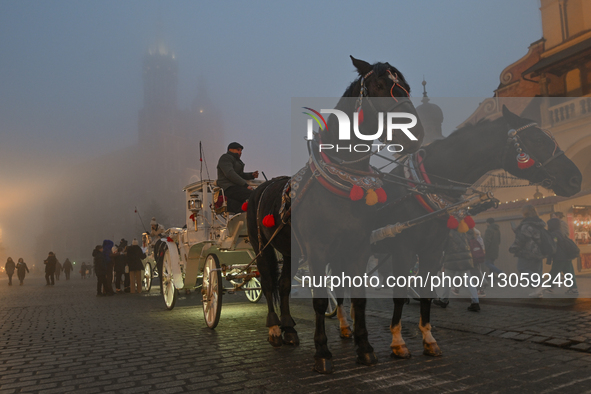 KRAKOW, POLAND – DECEMBER 4:
Horse carriages are seen stationed beside the Cloth Hall and Christmas Market in Krakow’s Main Market Square am... by Artur Widak/NurPhoto