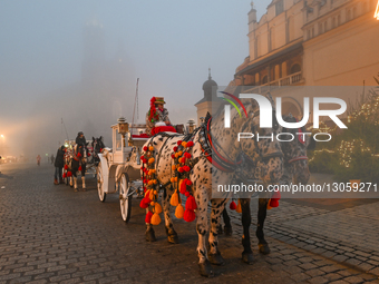 KRAKOW, POLAND – DECEMBER 4:
Horse carriages are seen stationed beside the Cloth Hall and Christmas Market in Krakow’s Main Market Square am... by Artur Widak/NurPhoto