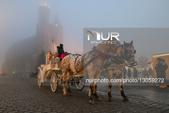 KRAKOW, POLAND – DECEMBER 4:
Horse carriages are seen stationed beside the Cloth Hall and Christmas Market in Krakow’s Main Market Square am... by Artur Widak/NurPhoto