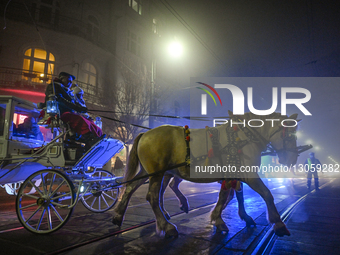 KRAKOW, POLAND – DECEMBER 4:
A horse-drawn carriage is seen in Krakow’s city centre amid dense afternoon fog, in Krakow, Poland, on December... by Artur Widak/NurPhoto