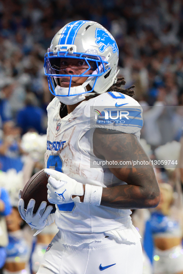 DETROIT,MICHIGAN-DECEMBER 4: Detroit Lions running back Jahmyr Gibbs #0 runs the ball for a touchdown during the second half of an NFL footb... by Jorge Lemus/NurPhoto