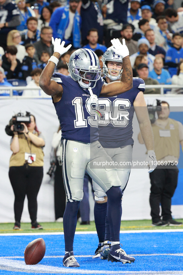 DETROIT,MICHIGAN-DECEMBER 4: Dallas Cowboys wide receiver Ryan Flournoy #19 reacts after scoring a touchdown during the second half of an NF... by Jorge Lemus/NurPhoto