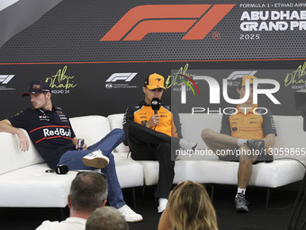 Max Verstappen of Red Bull Racing (L), Lando Norris (M) and Oscar Piastri (R) of McLaren Formula 1 team during a press conference event in Y... by Nicolas Economou/NurPhoto