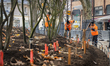 A view of Place Colonel Fabien undergoes construction to become an urban forest in Paris,...