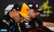 Lando Norris of the McLaren Formula 1 Team and Max Verstappen attend a press conference af...