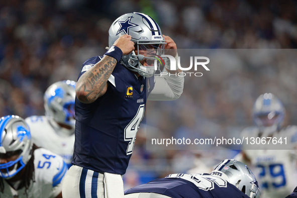 DETROIT,MICHIGAN-DECEMBER 4: Dallas Cowboys quarterback Dak Prescott #4 calls a play during the first half of an NFL football game between t... by Jorge Lemus/NurPhoto