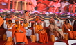 Hindu devotees attend a massive Bhagavad Gita chanting event at Kolkata's iconic Brigade P...