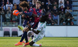 Sebastiano Luperto (#6 Cagliari Calcio), J. Rodriguez (#15 Cagliari Calcio), and Manu Kone...