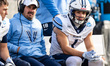 LUKE COLELLA of the Villanova Wildcats sits with the Villanova Wildcats wide receivers coa...