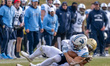 LUKE COLELLA (1) of the Villanova Wildcats makes a reception and is tackled by DJ BROWN (2...