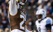 Davis Rice (27) of the Lehigh Mountain Hawks stands prior to the snap during an NCAA Footb...