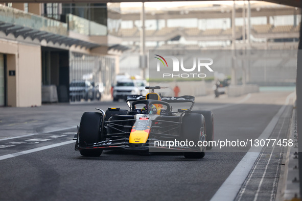 Isack Hadjar of France drives the (6) Oracle Red Bull Racing RB21 in the pit lane during F1 Testing at Yas Marina Circuit in Abu Dhabi, Unit...