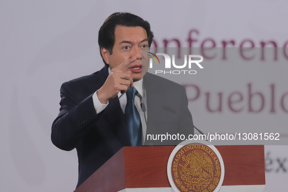 Mexico's Minister of Public Education, Mario Delgado Carrillo, speaks during a news conference at the National Palace in Mexico City, Mexico... by Eyepix/NurPhoto