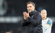 John Eustace, manager of Derby County, thanks the fans for their support at full-time duri...