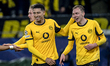 Borussia Dortmund forwards Jobe Bellingham and Maximilian Beier play during the match betw...