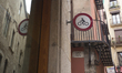 A no-entry sign for motorcycles is on a wall in the center of Barcelona, Spain, on October...