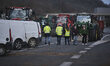 In Urt, France, on December 15, 2025, farmers block the A64 motorway with lorries and trac...