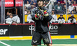 BRENNAN O'NEILL (34) of the Philadelphia Wings passes the ball during an NLL box lacrosse...