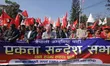 Senior leaders and cadres of the Nepali Communist Party (NCP) take part in a unity message...
