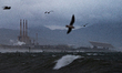 The Barcelona coastline is affected by a maritime storm, causing large waves, making parts...