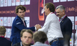 Magnus Carlsen of Norway shakes hands with Jan Henric Buettner, Entrepreneur and Freestyle...