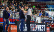 Attilio Caja, the head coach of Flats Service Fortitudo Bologna, talks with a referee duri...