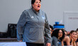 Tricia Fabbri, the head coach of the Quinnipiac Bobcats, reacts during an NCAA women's bas...