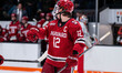 Joe Miller (12) of the Harvard Crimson motions during an NCAA men's ice hockey game at Hob...