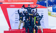 Team Finland stands on the podium at the 3Tre FIS Ski World Cup in Madonna di Campiglio, I...