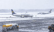 Ryanair Boeing 737 during the blizzard in Eindhoven Airport, as the Netherlands is under h...